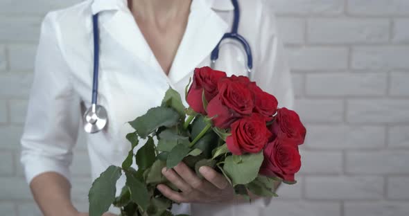 Woman in Uniform with Flowers