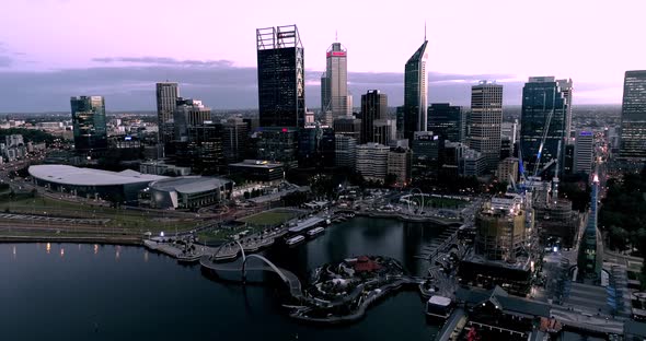 Aerial views in Perth, Western Australia. City views. Morning Sunrise color. Slide shot 2