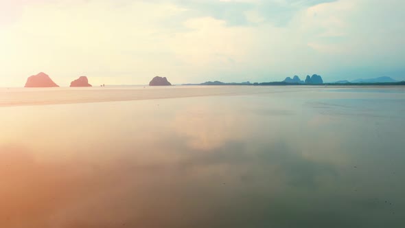 Aerial view from a drone over the beach at low tide