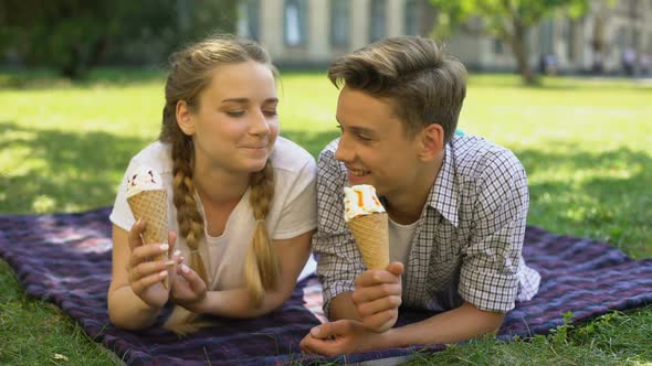 Teens Fooling Around, Eating Ice-Cream in Park on Plaid, Kissing Each Other