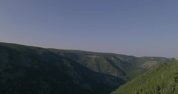 Aerial Dolly forward shot of canyon lined with trees.