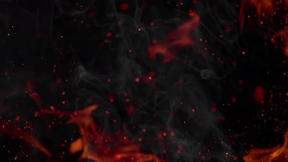 Super Slow Motion Shot of Flames Smoke and Sparks Isolated on Black Background at 1000Fps