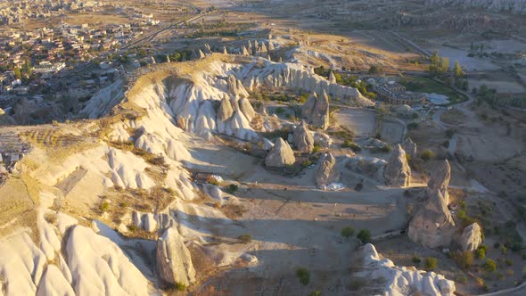 Aerial View of the Goreme Cave City and Hills in Cappadocia in Turkey