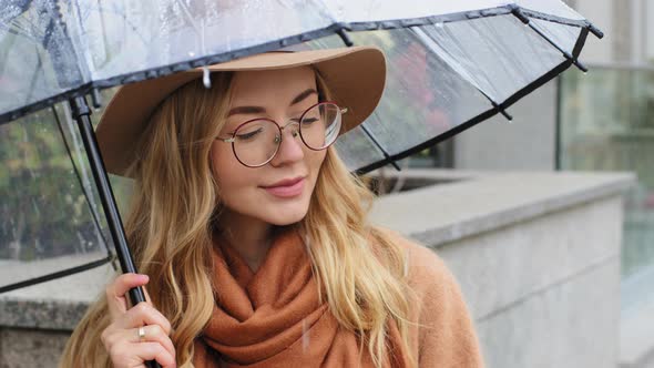 Portrait Attractive Girl Standing with Umbrella in City in Rainy Weather Pensive Young Woman