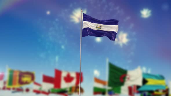 El Salvador Flag With World Globe Flags And Fireworks 