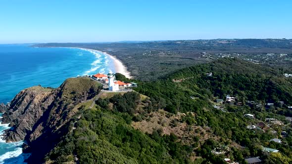 Aerial view of seaside lighthouse in Byron bay, Australia