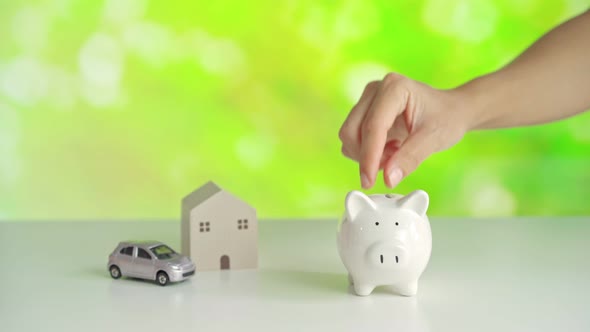 Hand put coins into the piggy bank with green nature background