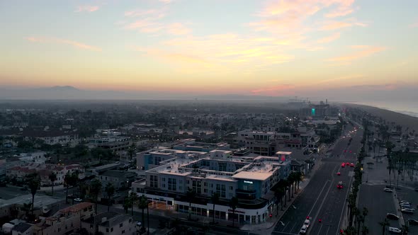 Ariel Sunrise Flying over Surf City USA California