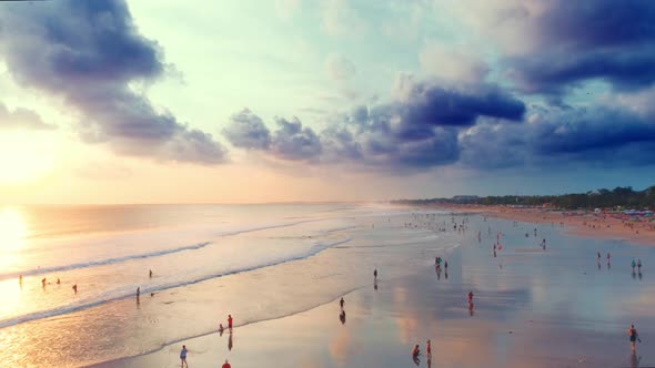 Aerial View of the Ocean, Beach and Clouds at Sunset