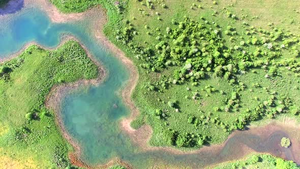 Aerial view of Jesenica river and surrounding in Croatian region Lika.