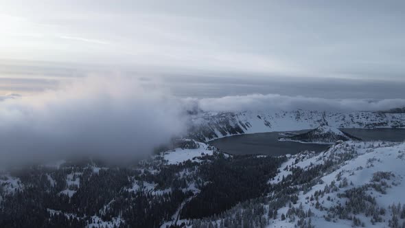 Panoramic drone shot of valley near Crater Lake and Wizard Island, Oregon, USA