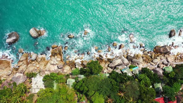 Aerial tourism of tranquil seashore beach journey by clear ocean with white sandy background of a da