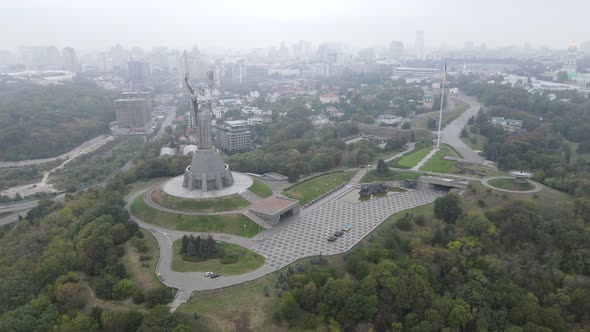 Symbol of Kyiv, Ukraine: Motherland Monument. Aerial View, Slow Motion. Kiev