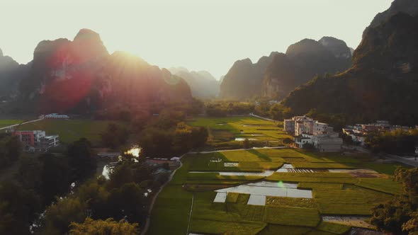 Fields and buildings in beautiful valley