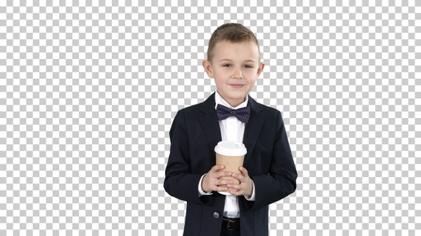 Boy walking with a take away coffee in a formal clothes Alpha