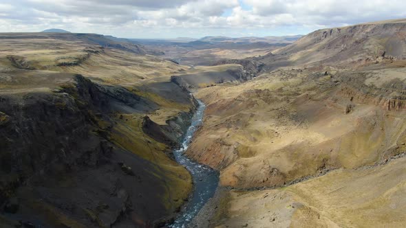 Aerial view of the canyon of Fossa river, close to Haifoss waterfall in Iceland