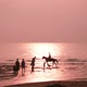 A family walks along the beach, a rider rides a horse at sunrise. Slow motion. - VideoHive Item for Sale