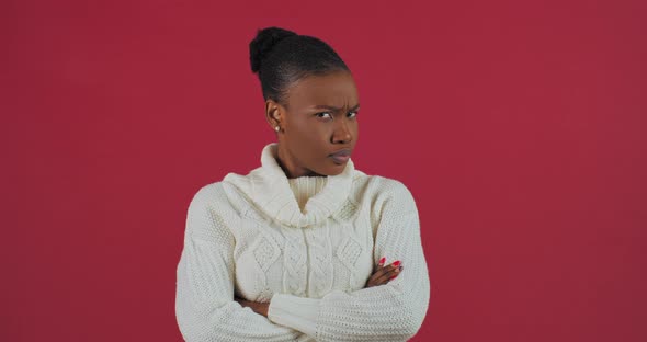 Studio Portrait on Red Background Afro American Woman Angry Girl Crosses Her Arms Says No Shows