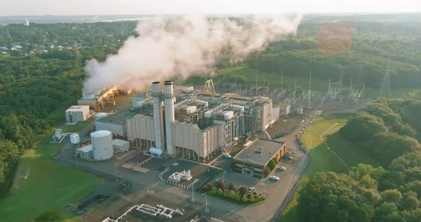 Thermal Power Station at Smoke Steam Huge Distillation Tower