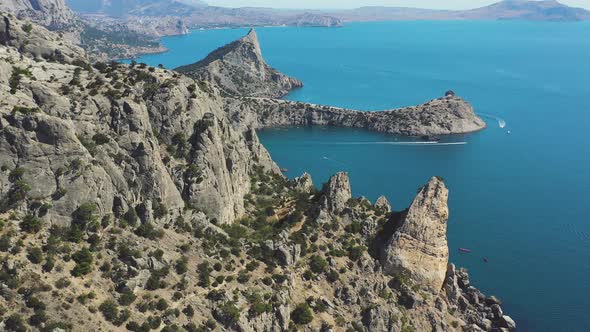 View From Above of the Reefs of the Crimean Coast and the Bay with Clear Water