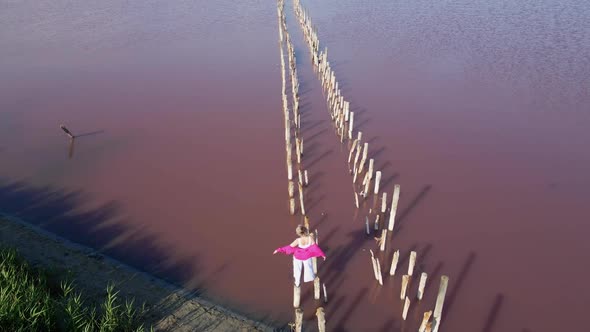 Pink Lake Sasik Sivash Divided By Road in Summer
