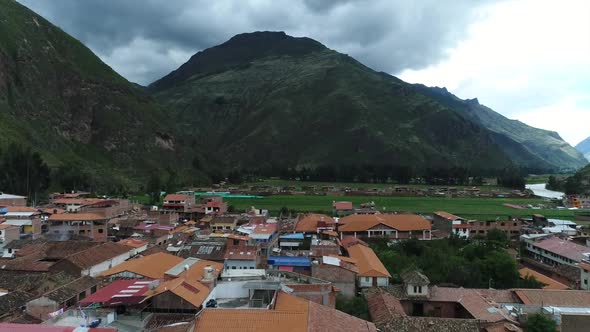 drone movement in the city of Pisac Peru on a beautiful cloudy day.