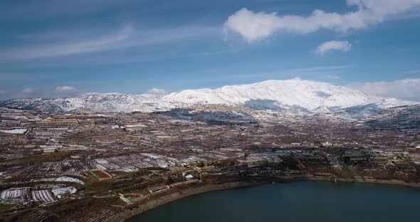 Aerial view of wine vineyard along the lake, Golan Heights, Israel.