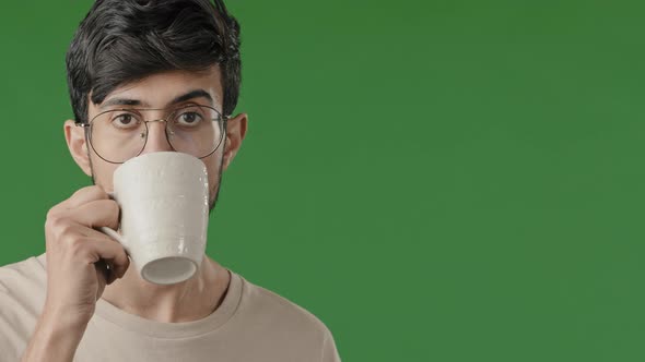 Close Up Portrait of Arabian Indian Handsome Young Man Millennial Guy Stand on Green Background