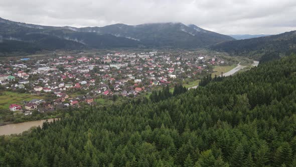 Aerial View of the Village in the Carpathian Mountains in Autumn. Ukraine