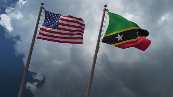 Waving Flags Of The United States And The Saint Kitts and Nevis 4K