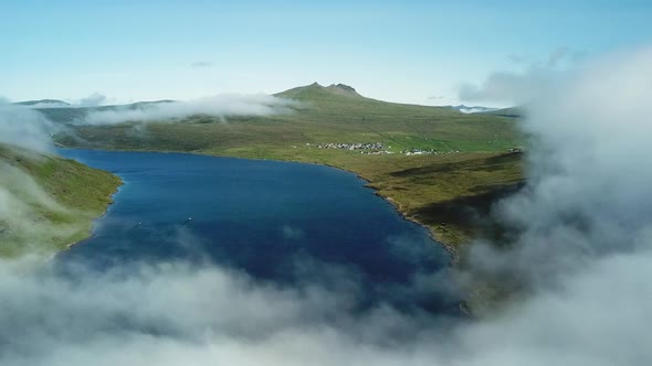 Aerial View of Sorvagsvatn Lake or Leitisvatn Biggest Lake in Faroe Islands