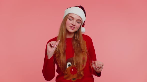 Woman in Christmas Sweater Listening Music Via Earphones Dancing Disco Fooling Around Having Fun