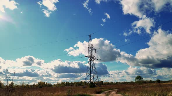 Electricity Transportation Industry Energetics. High Voltage Electric Tower With Insulators.