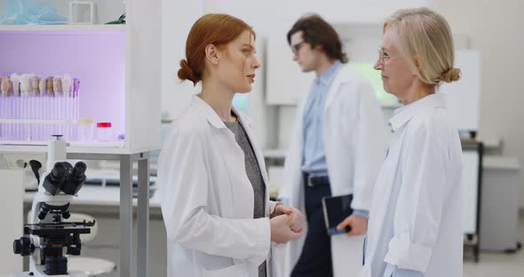 Young Female Scientist Discussing Result of Virus Research with Supervisor in Laboratory