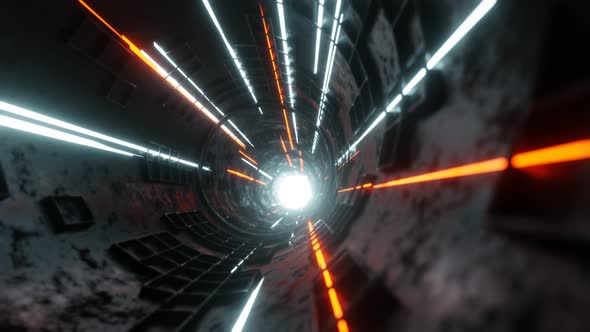 Steel tunnel. Motion graphics 4K seamless flight loop in digital technology tunnel.