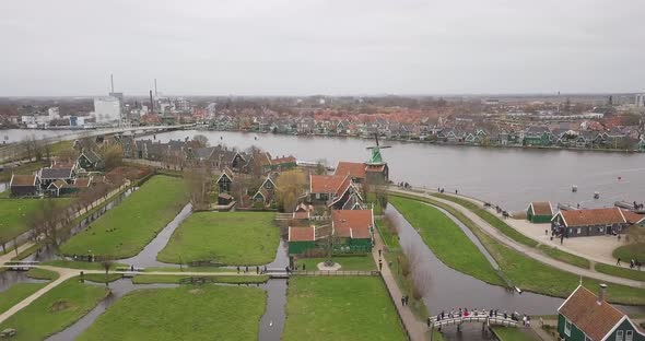 Aerial: Zaanse Schans village, Netherlands