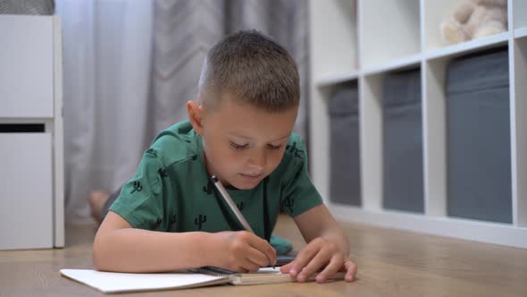 Boy draws while watching a lesson on the phone