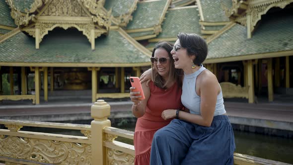 Happy Tourist Women On Museum Park At Ancient City In Bangkok Thailand