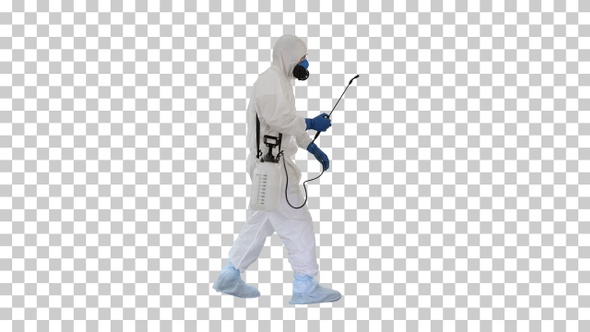 Scientist in hazmat suit walking and disinfecting, Alpha Channel