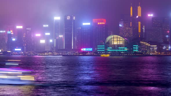 Hong Kong Victoria Harbour Skyline Urban Panorama TimeLapse Pan Up