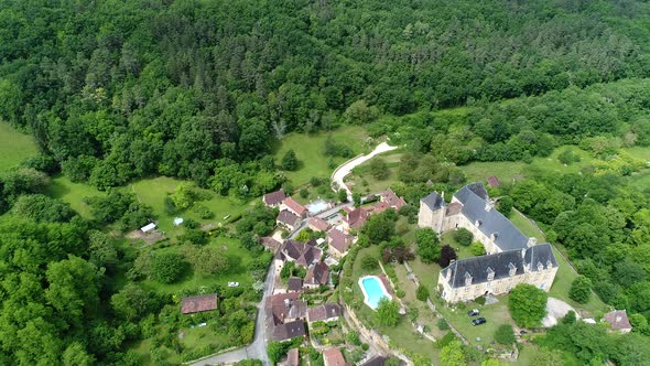 Village of Saint-Cyprien in Perigord in France seen from the sky