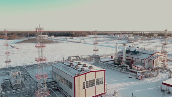 Bird'seye View of a Snowcovered Gas Power Plant Deep in the Taiga Siberian Tundra in Winter