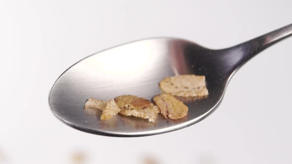 Dry uncooked cereal spelt flakes fall on a spoon in slow motion