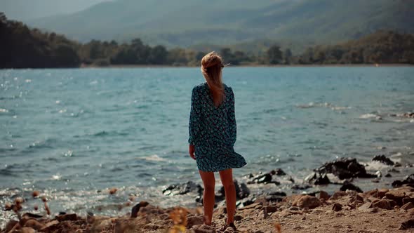 Tourist On Greek Island. Woman Harmony Mediterranean Sea Beach.Cinematic Inspiration Travel  Holiday