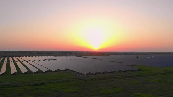 Aerial Drone View Into Large Solar Panels at a Solar Farm at Summer Sunset. Solar Cell Power Plants