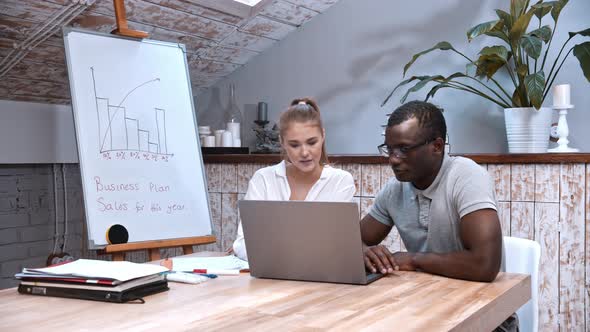 African-american Man and Caucasian Woman at the Business Meeting - Looking in the Laptop