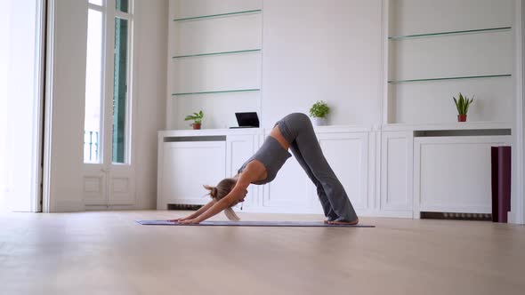 Flexible female practicing yoga on mat in room