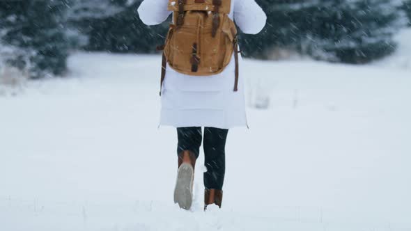 Slow Motion Woman Walking in Winter Boots By Fresh White Snow Snowy Winter Day
