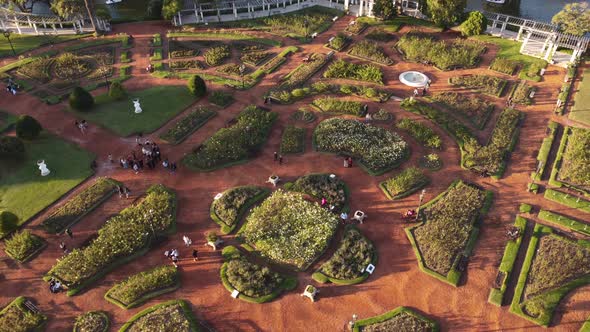 Rosedal or rose garden,Tres de Febrero Park, Buenos Aires. Aerial top-down circling