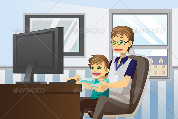 Father and Son Using Computer